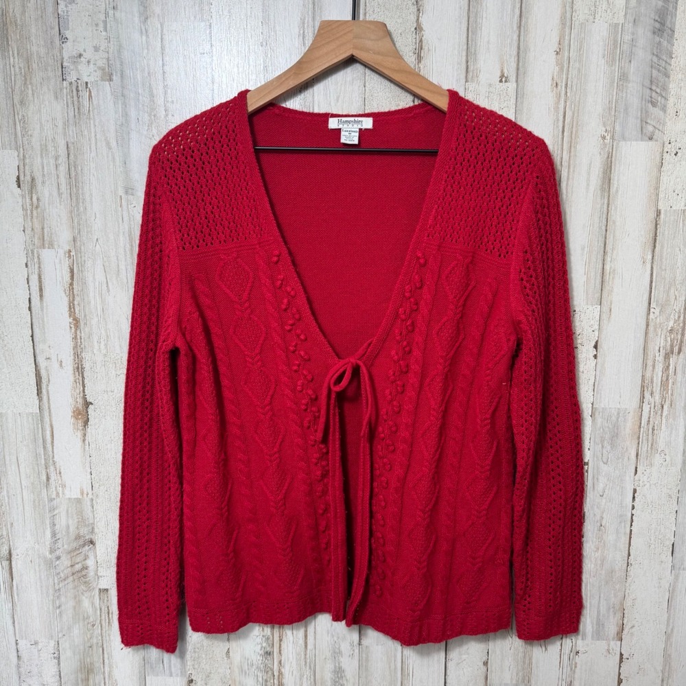 Vintage 90s Grandma Red Knit Acrylic Tie Front Cardigan Sweater Womens Medium